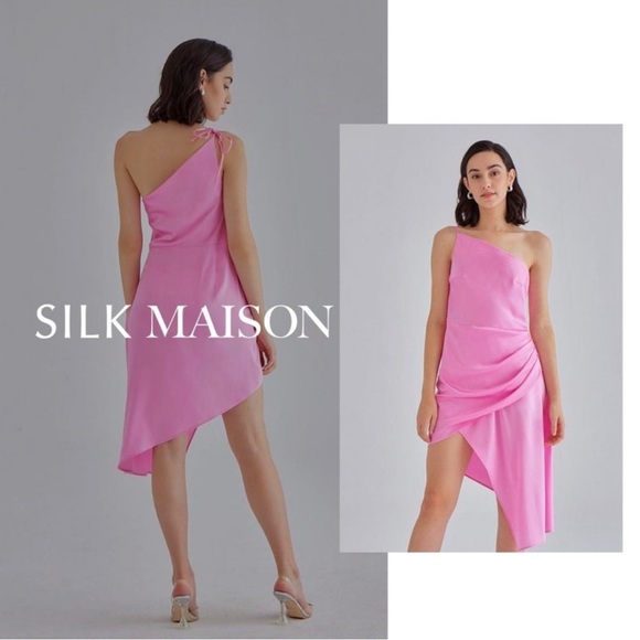 NWT Silk Maison Pink One Shoulder Draped Asymmetrical Ruched Silk Mini Dress XS‌ - Picture 1 of 9